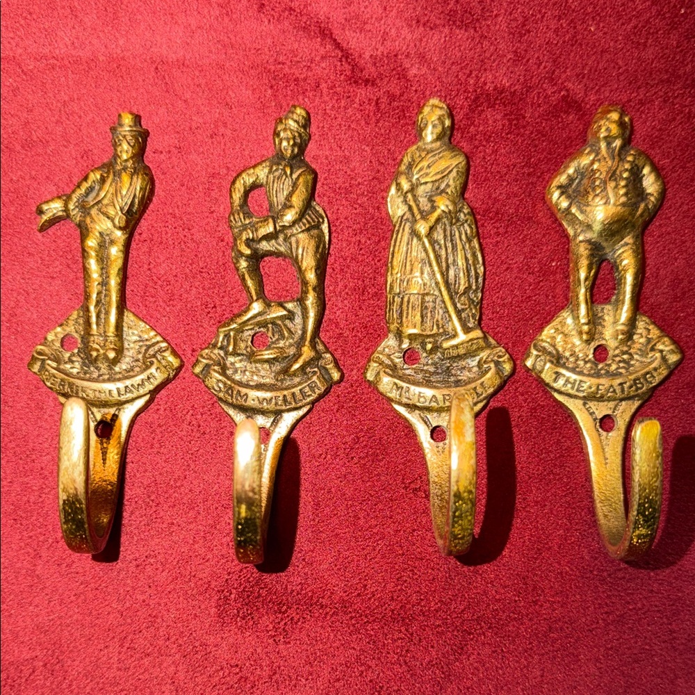Set of 4 antique brass hooks  - Charles Dickens characters.